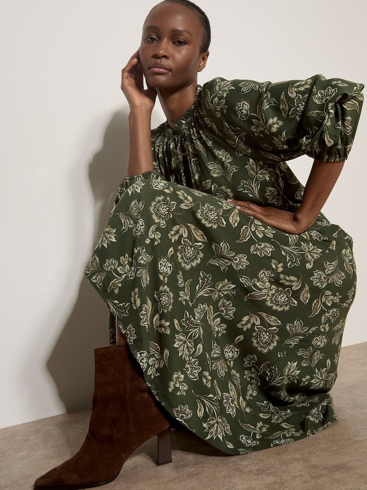Apricot Green Folk Floral A-Line Midi Skirt - Image 5 of 5