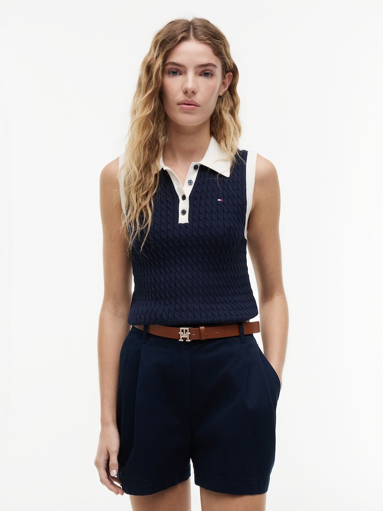 Blå - Tommy Hilfiger Kabelstickad Slim Ärmlös Jumper - Bild 1 av 5