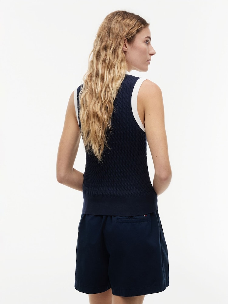 Blå - Tommy Hilfiger Kabelstickad Slim Ärmlös Jumper - Bild 2 av 5