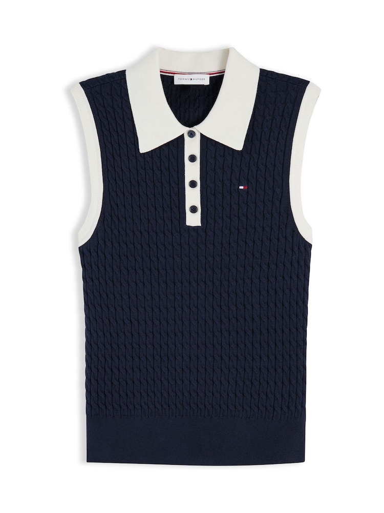 Blå - Tommy Hilfiger Kabelstickad Slim Ärmlös Jumper - Bild 5 av 5