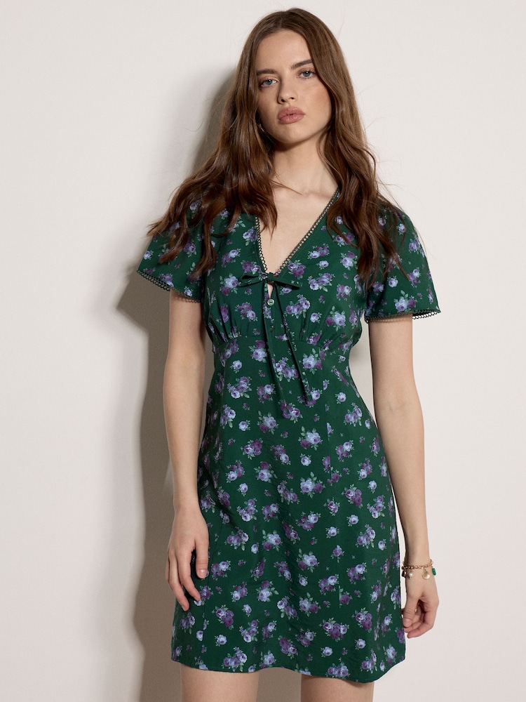 Apricot Green Vintage Floral Mini Tea Dress - Image 1 of 4 Apricot Green Vintage Floral Mini Tea Dress - Image 1 of 4