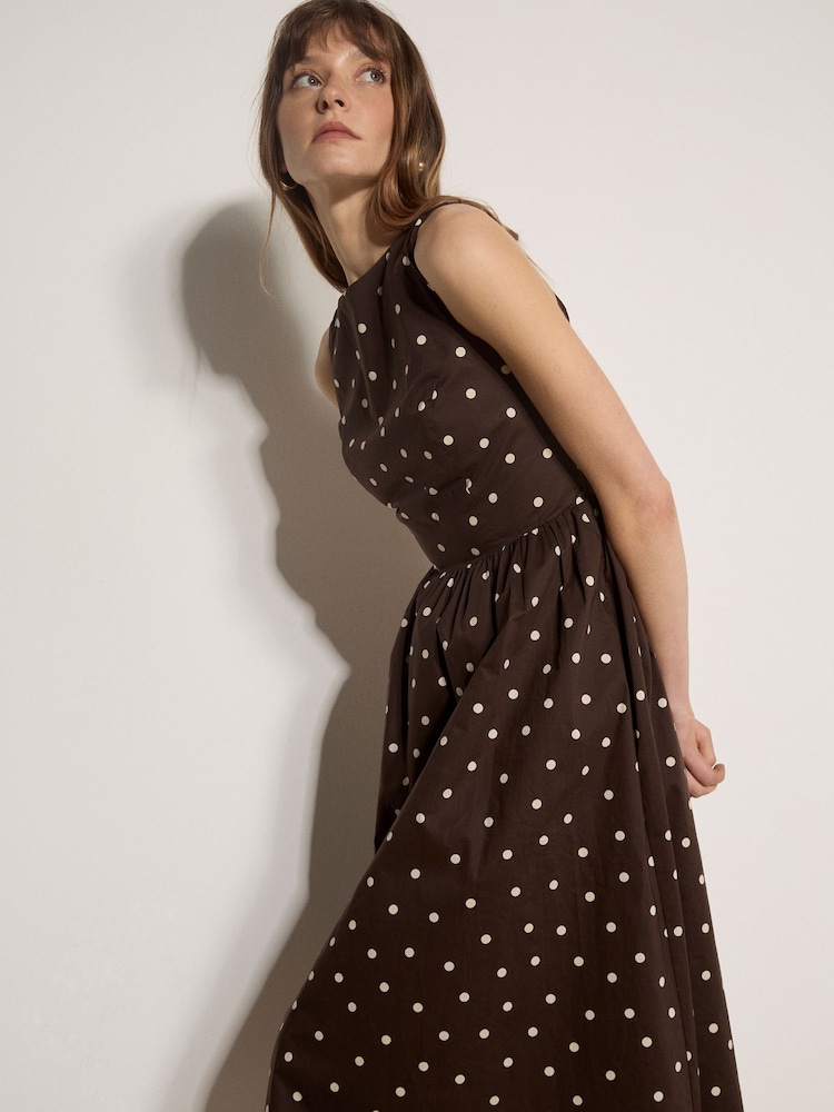 Apricot Brown Polka Dot A-Line Cotton Midi Dress - Image 1 of 4 Apricot Brown Polka Dot A-Line Cotton Midi Dress - Image 1 of 4