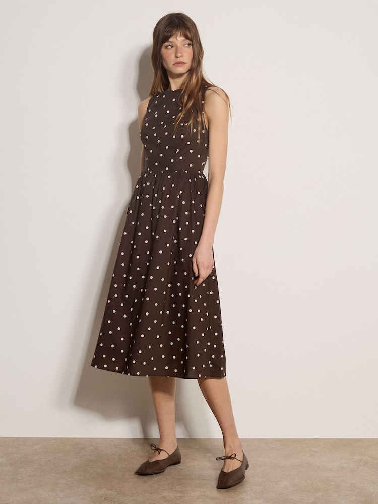 Apricot Brown Polka Dot A-Line Cotton Midi Dress - Image 4 of 4 Apricot Brown Polka Dot A-Line Cotton Midi Dress - Image 4 of 4