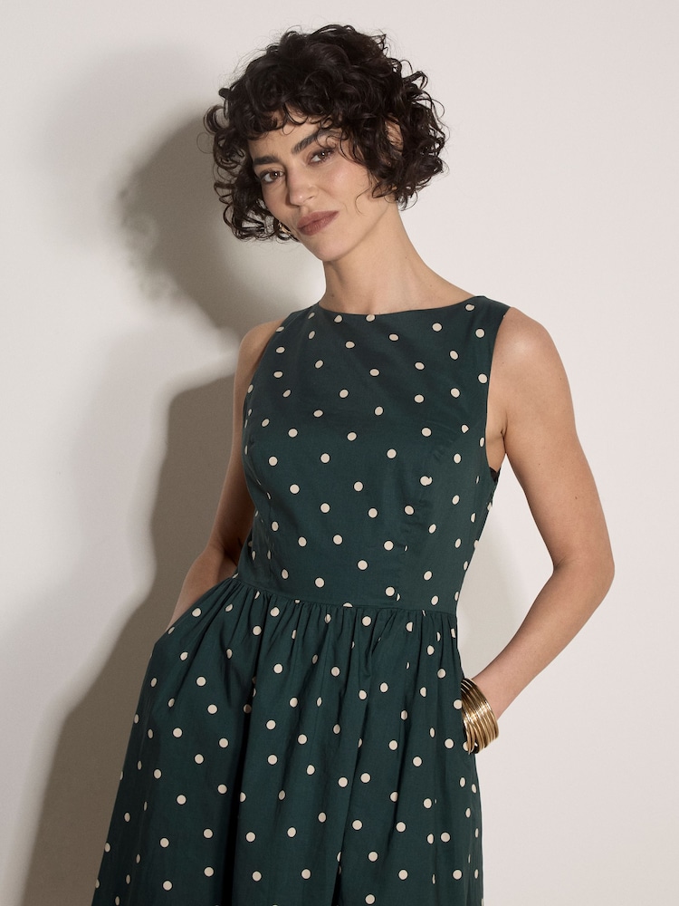 Apricot Green Polka Dot A-Line Cotton Midi Dress - Image 2 of 4