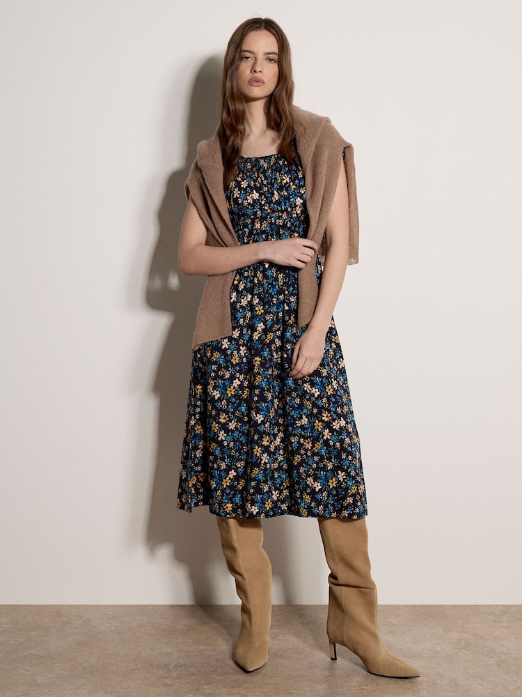 Apricot Blue Ditsy Floral Print Milkmaid Midi Dress - Image 1 of 4