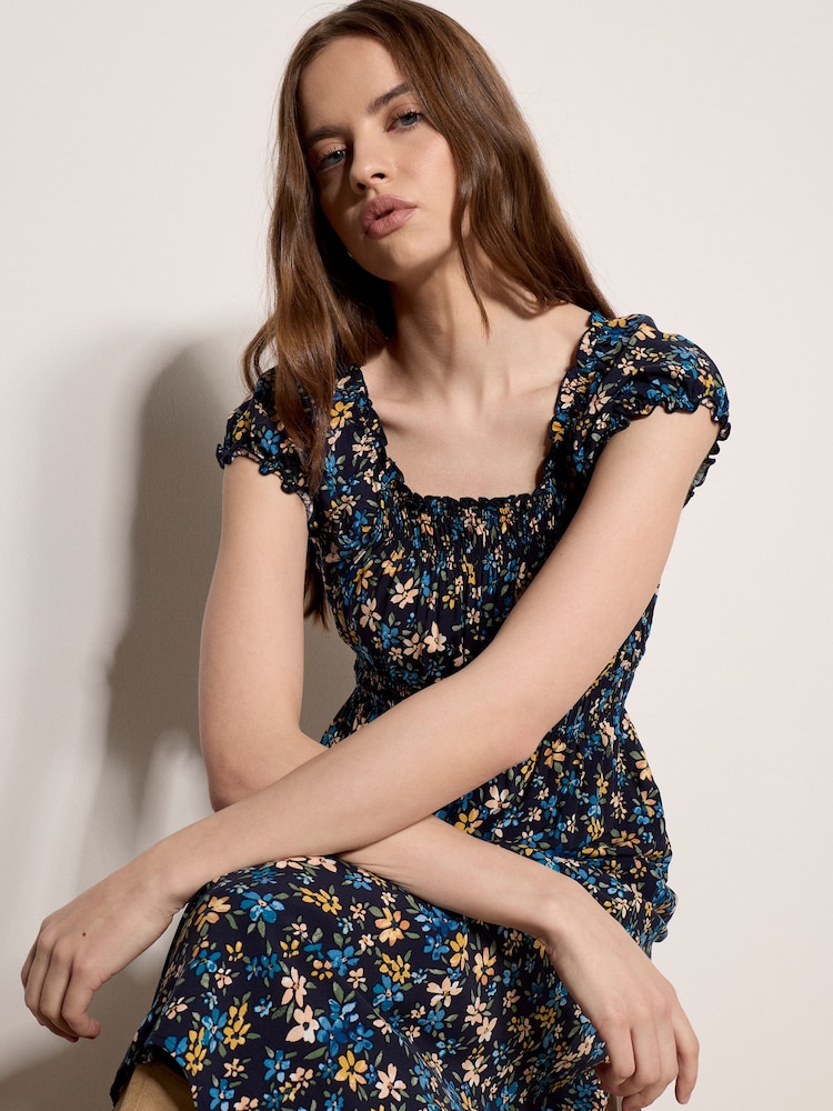 Apricot Blue Ditsy Floral Print Milkmaid Midi Dress - Image 4 of 4