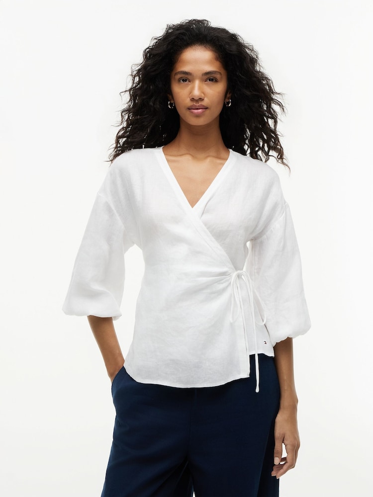 Tommy Hilfiger White Relaxed Fit Pure Linen Wrap Blouse - Image 1 of 5