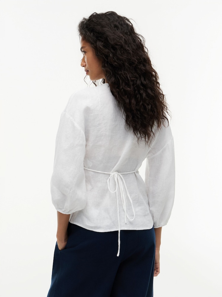 Tommy Hilfiger White Relaxed Fit Pure Linen Wrap Blouse - Image 2 of 5