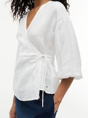 Tommy Hilfiger White Relaxed Fit Pure Linen Wrap Blouse - Image 4 of 5