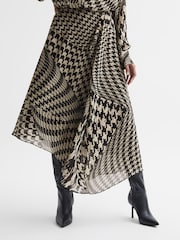 Reiss Black/White Oksana Dogtooth Asymmetric Midi Skirt - Image 1 of 5