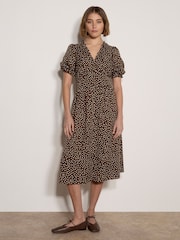 Apricot Brown Polka Dot Ruffle Midi Dress - Image 1 of 4