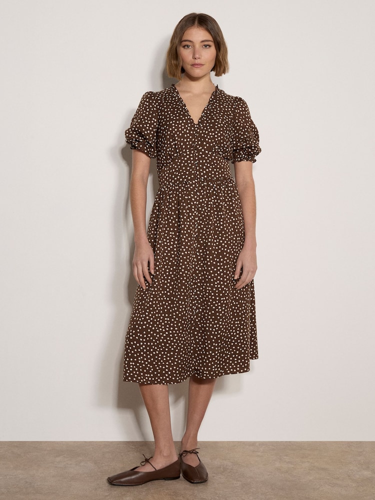 Apricot Brown Polka Dot Ruffle Midi Dress - Image 1 of 4