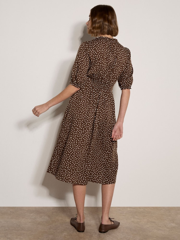 Apricot Brown Polka Dot Ruffle Midi Dress - Image 2 of 4