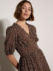 Apricot Brown Polka Dot Ruffle Midi Dress - Image 3 of 4