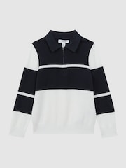 Reiss Navy/White Tokyo Senior Slim Fit Half-Zip Long Sleeve Polo Shirt - Image 2 of 6