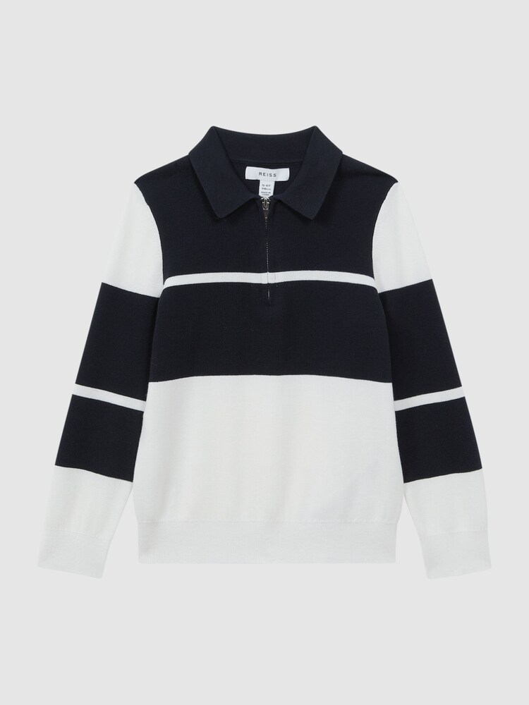 Reiss Navy/White Tokyo Senior Slim Fit Half-Zip Long Sleeve Polo Shirt - Image 2 of 6
