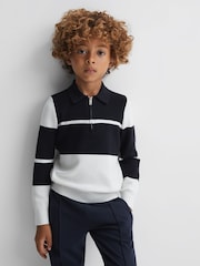 Reiss Navy/White Tokyo Senior Slim Fit Half-Zip Long Sleeve Polo Shirt - Image 3 of 6