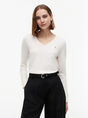 Tommy Hilfiger Cream Gold Tone Button Cuff V-Neck Jumper - Image 1 of 5