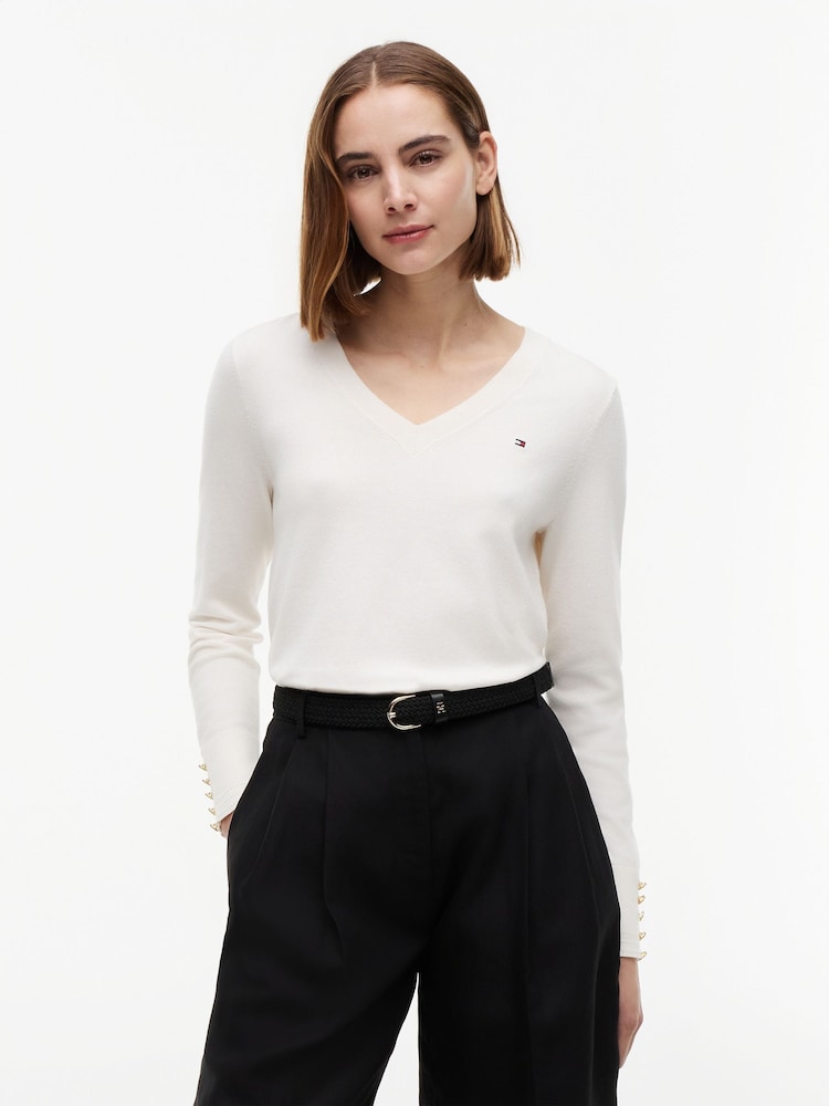 Tommy Hilfiger Cream Gold Tone Button Cuff V-Neck Jumper - Image 1 of 5