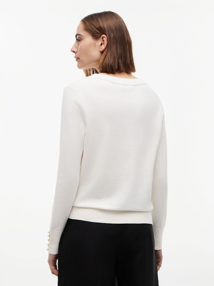Tommy Hilfiger Cream Gold Tone Button Cuff V-Neck Jumper - Image 2 of 5