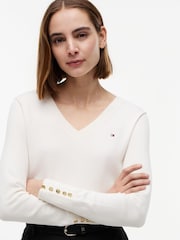 Tommy Hilfiger Cream Gold Tone Button Cuff V-Neck Jumper - Image 4 of 5