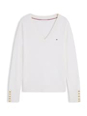 Tommy Hilfiger Cream Gold Tone Button Cuff V-Neck Jumper - Image 5 of 5