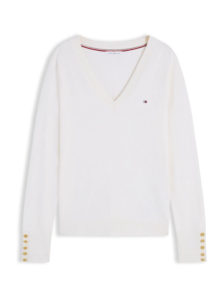 Tommy Hilfiger Cream Gold Tone Button Cuff V-Neck Jumper - Image 5 of 5