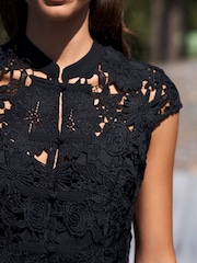 Black 3D Lace Cap Sleeve Knot Fasten Mini Dress - Image 3 of 9