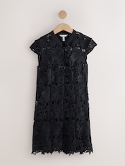 Black 3D Lace Cap Sleeve Knot Fasten Mini Dress - Image 4 of 9
