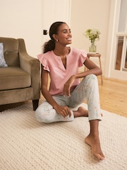 Laura Ashley Green/Pink Mosedale Posy Print 100% Cotton Blend Top And Trouser Pyjamas - Image 1 of 9