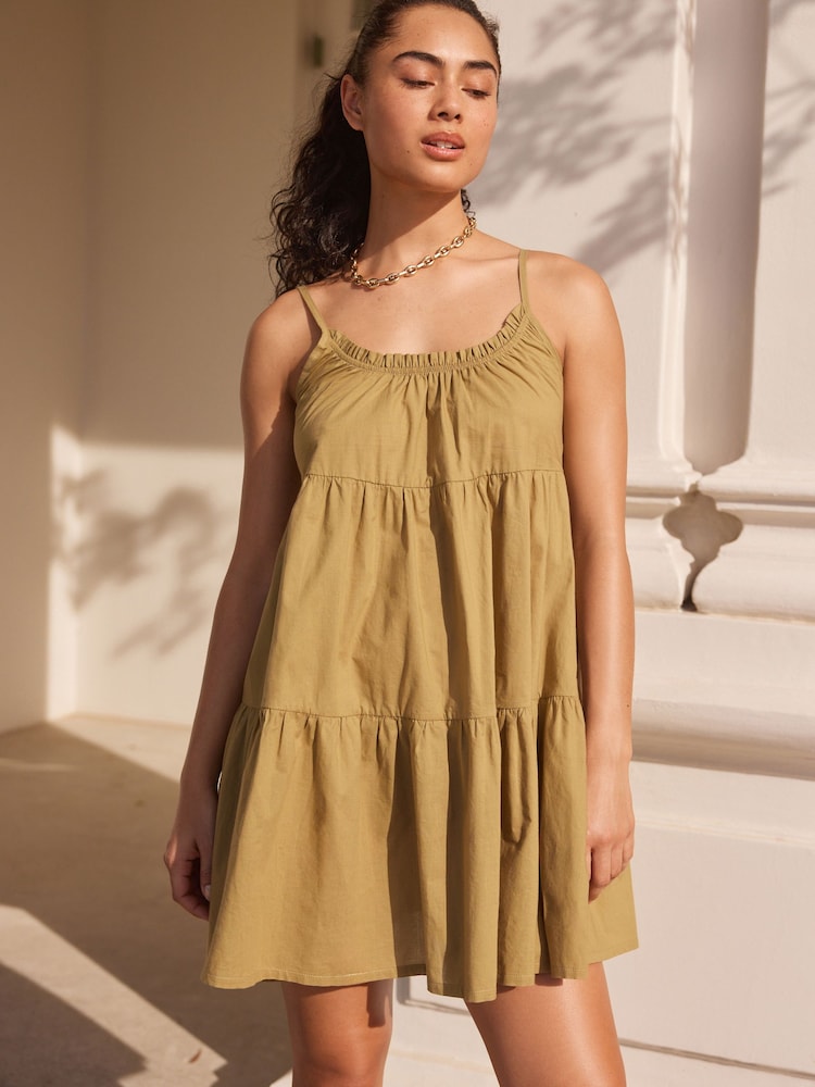 Khaki Green Mini Tiered Summer Cotton Dress - Image 2 of 4