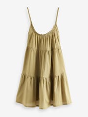 Khaki Green Mini Tiered Summer Cotton Dress - Image 3 of 4