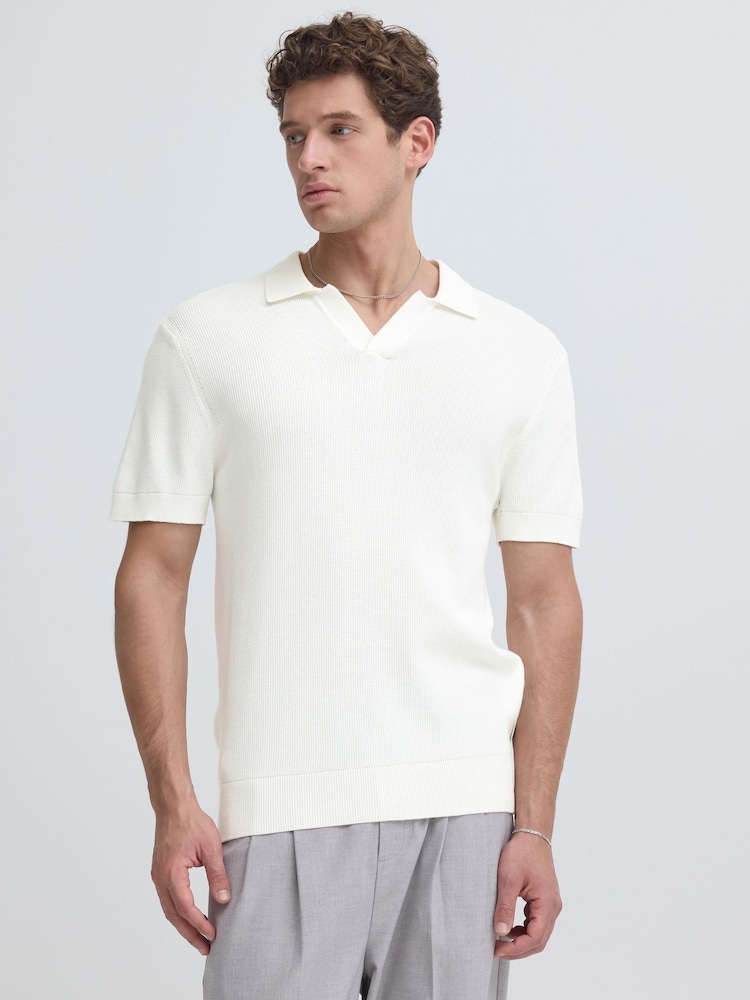 Casual Friday White Mosvik Short Sleeve V-Neck Knit Polo Shirt - Image 1 of 5