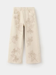 Mango Cream Floral Embellished Wide Leg Jeans - Image 1 of 3
