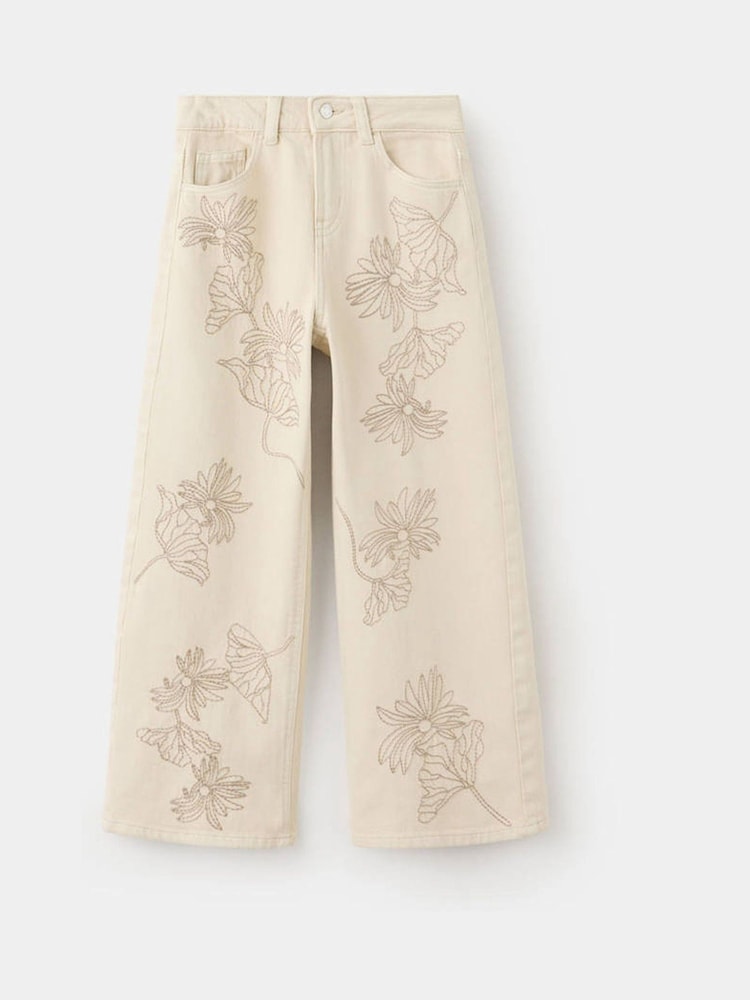 Mango Cream Floral Embellished Wide Leg Jeans - Image 1 of 3