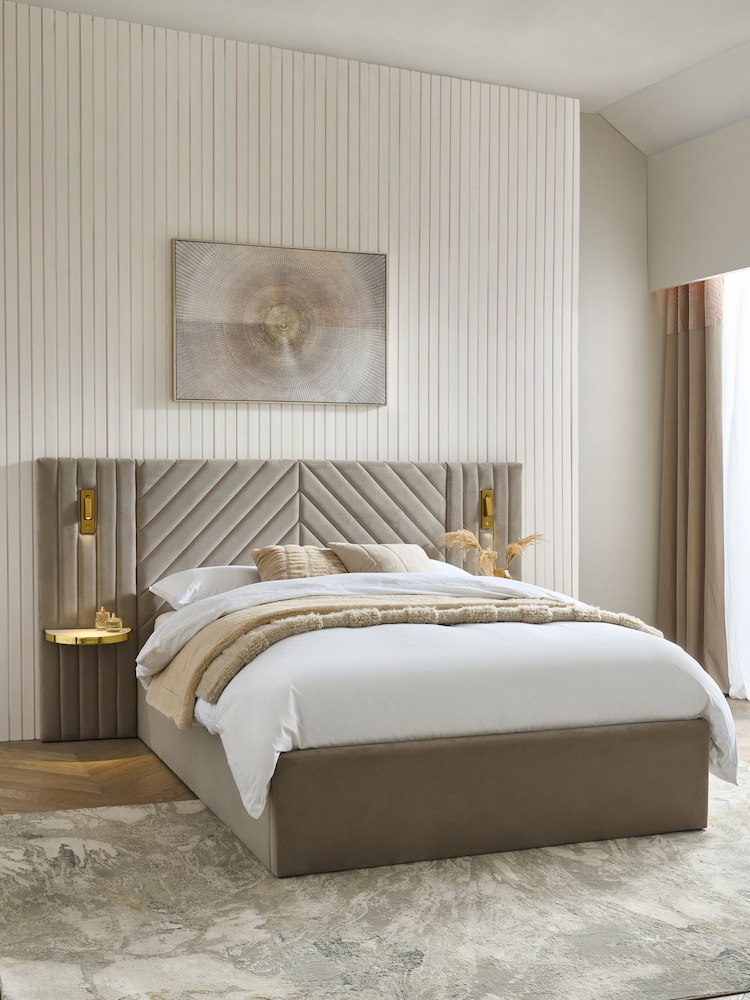 Soft Velvet Natural Pebble Valencia Upholstered Hotel Bed Frame with Ottoman Storage and Lights - Image 1 of 10