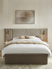 Soft Velvet Natural Pebble Valencia Upholstered Hotel Bed Frame with Ottoman Storage and Lights - Image 2 of 10