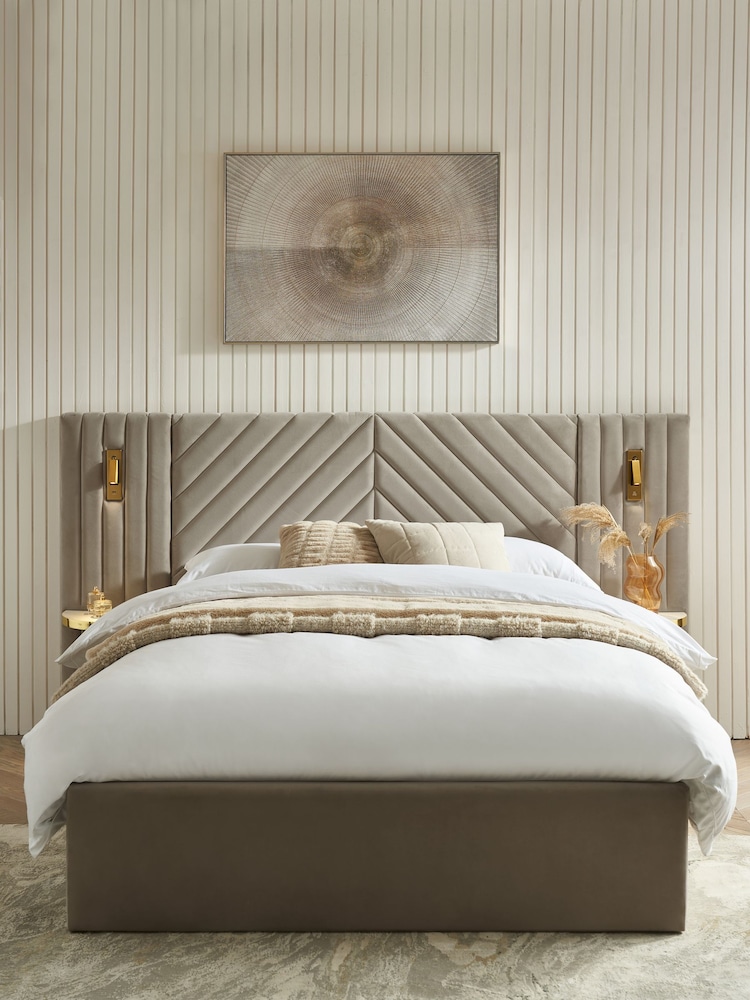 Soft Velvet Natural Pebble Valencia Upholstered Hotel Bed Frame with Ottoman Storage and Lights - Image 2 of 10