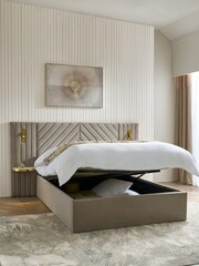Soft Velvet Natural Pebble Valencia Upholstered Hotel Bed Frame with Ottoman Storage and Lights - Image 3 of 10