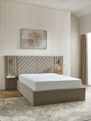 Soft Velvet Natural Pebble Valencia Upholstered Hotel Bed Frame with Ottoman Storage and Lights - Image 4 of 10