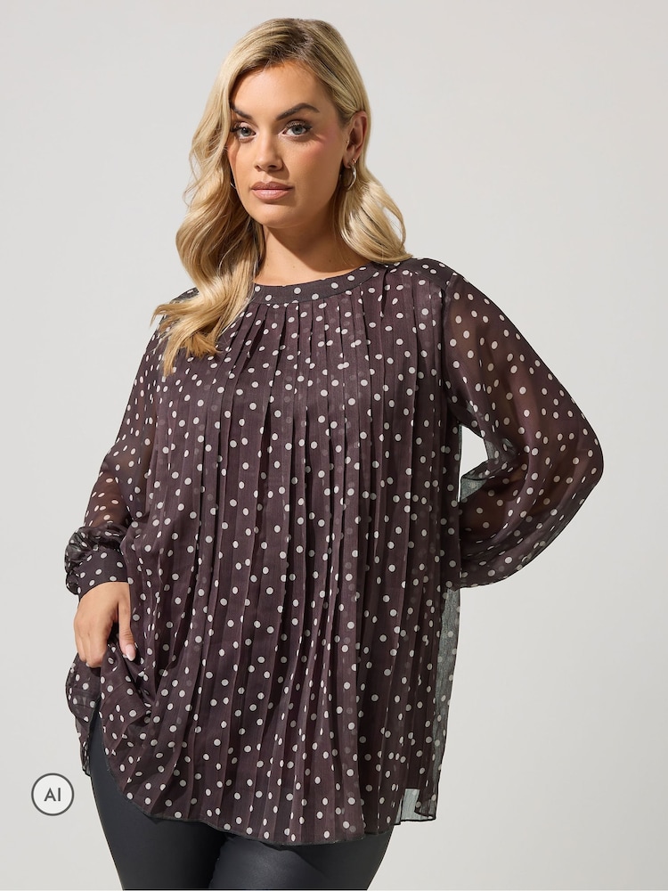 Yours Curve Brown Pleated Polka Dot Blouse - Image 1 of 6