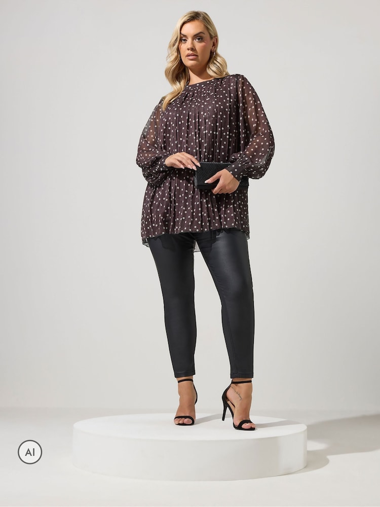 Yours Curve Brown Pleated Polka Dot Blouse - Image 2 of 6