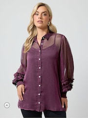 Yours Curve Black Cherry Ruffle Shirred Cuff Shirt - Image 1 of 6