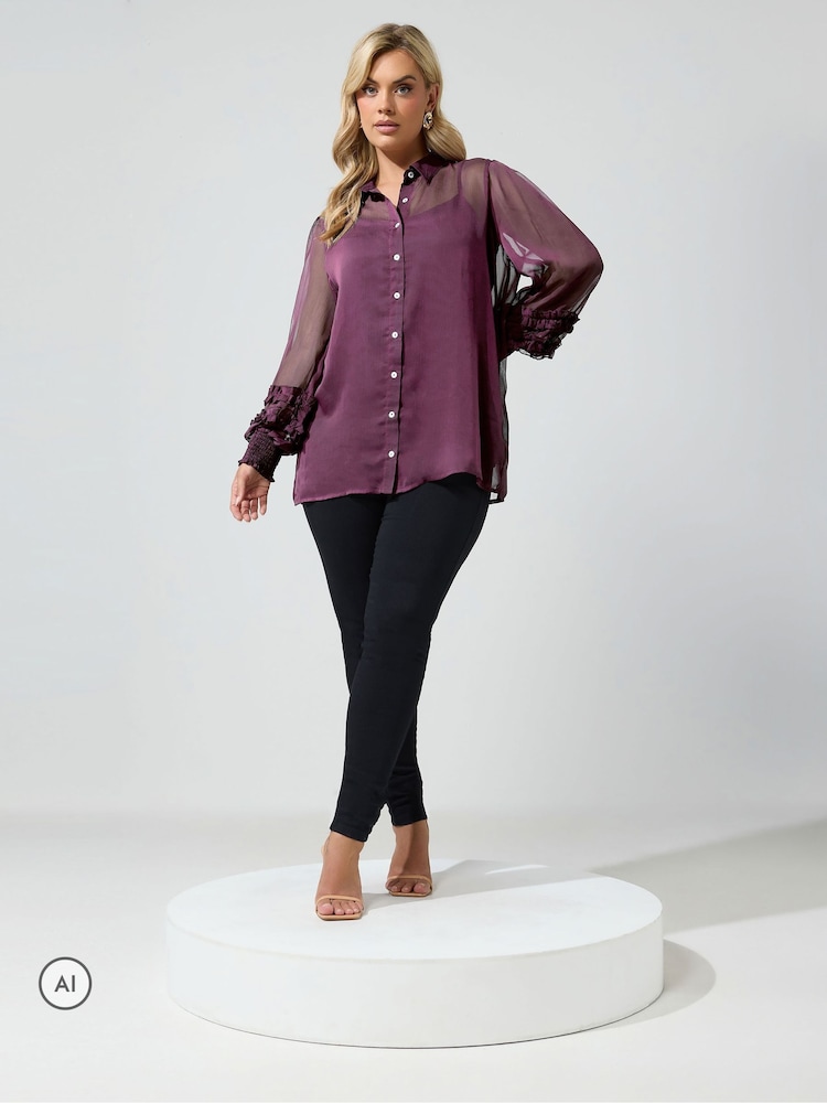 Yours Curve Black Cherry Ruffle Shirred Cuff Shirt - Image 2 of 6