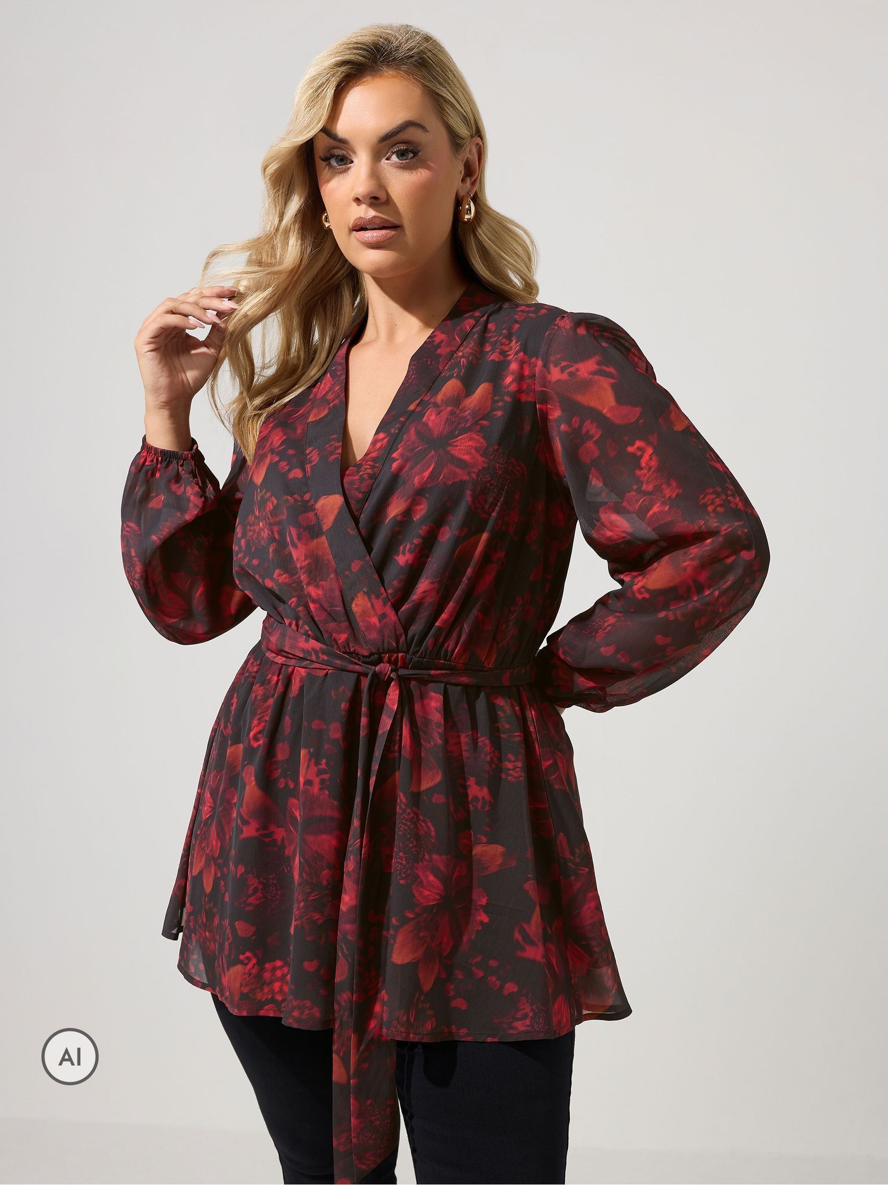 Yours Curve Women's Black Autumn Floral Blurred Wrap Top