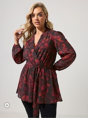 Yours Curve Black Autumn Floral Blurred Wrap Top - Image 1 of 6