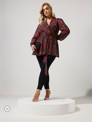 Yours Curve Black Autumn Floral Blurred Wrap Top - Image 2 of 6