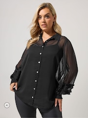 Yours Curve Black Ruffle Shirred Cuff Shirt - Image 1 of 6