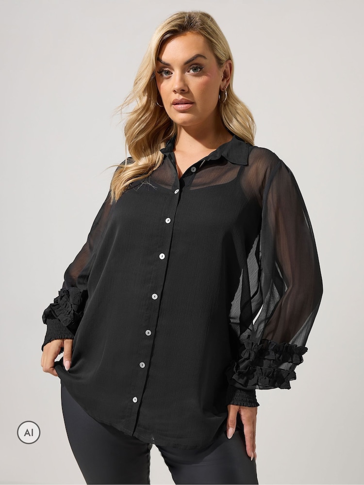 Yours Curve Black Ruffle Shirred Cuff Shirt - Image 1 of 6