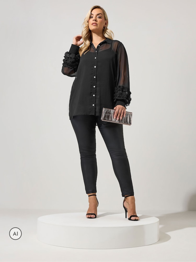 Yours Curve Black Ruffle Shirred Cuff Shirt - Image 2 of 6